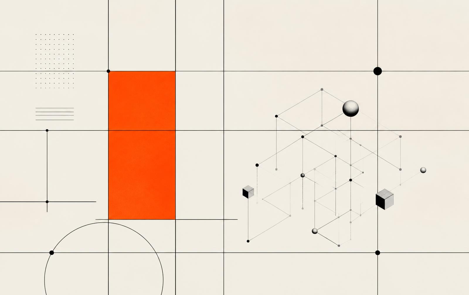 Abstract Swiss-style grid composition with an orange block and a wireframe network diagram