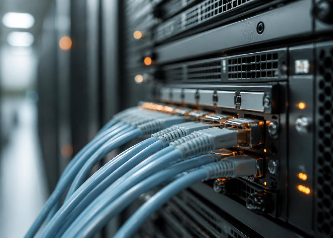 Network cables plugged into a server switch with illuminated orange status lights