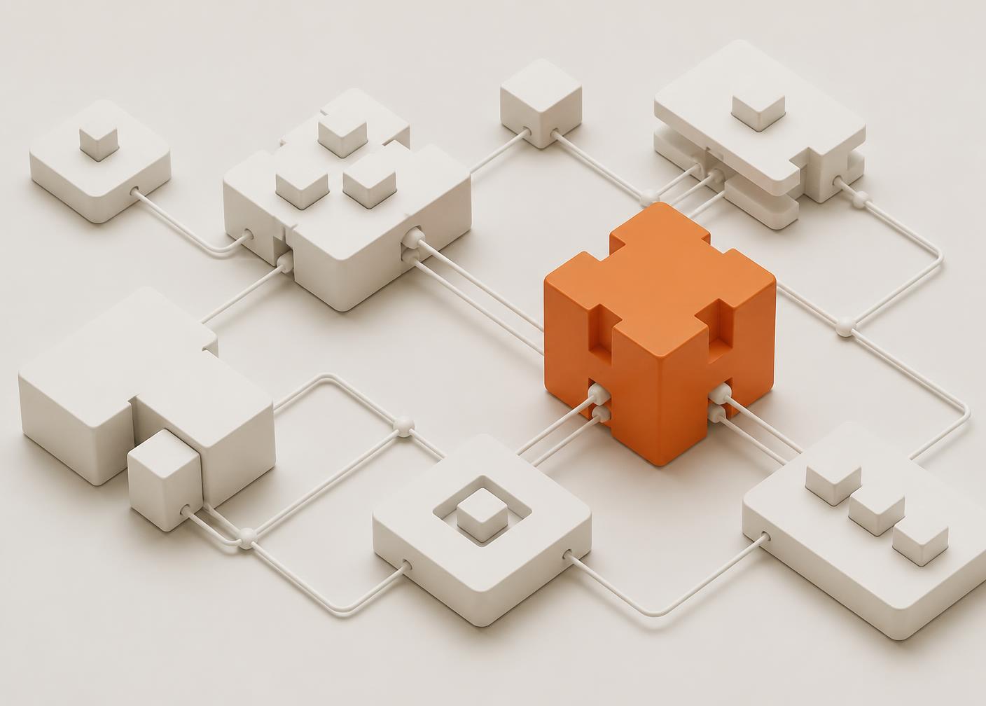 Abstract render of modular white components linked by connectors with one highlighted orange module