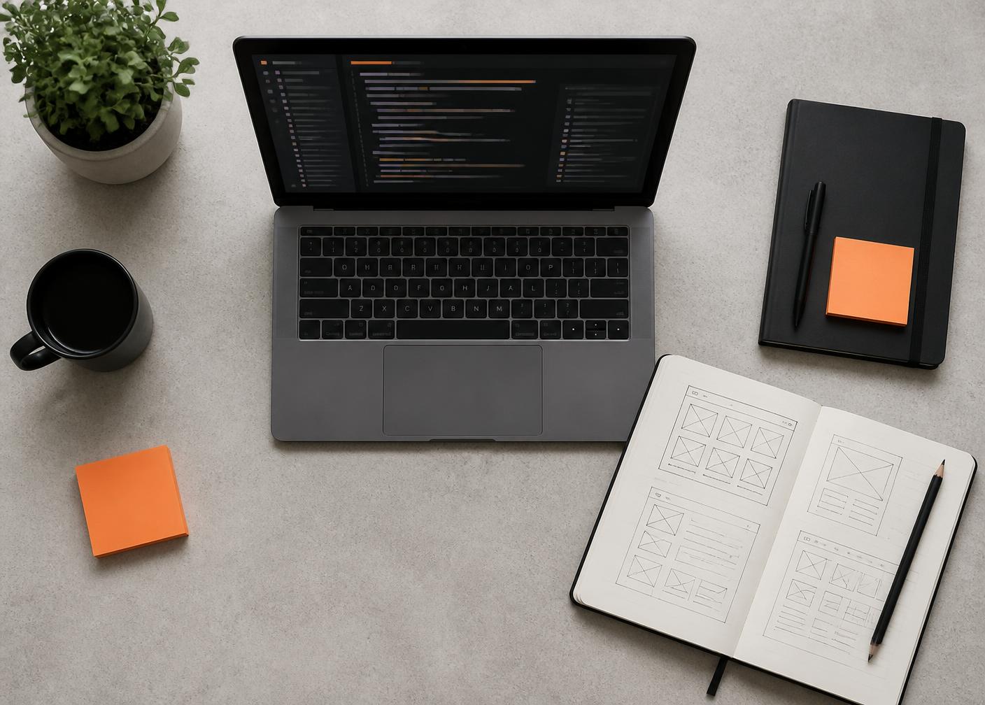 Flat-lay of a laptop displaying code beside a notebook containing hand-drawn interface wireframes
